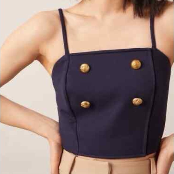 Anthropologie Tops - Eva Franco Nautical Navy Blue Button Crop Top Ponte Trench Blouse